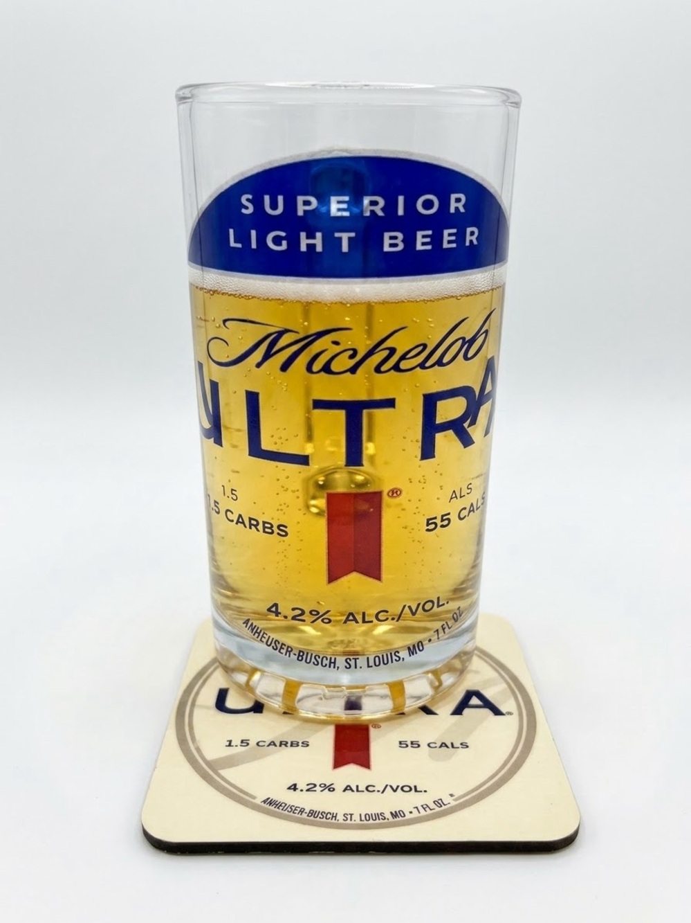 Michelob Ultra Branded Beer Glass - Blue & Gold Accent w/matching coaster, NEW